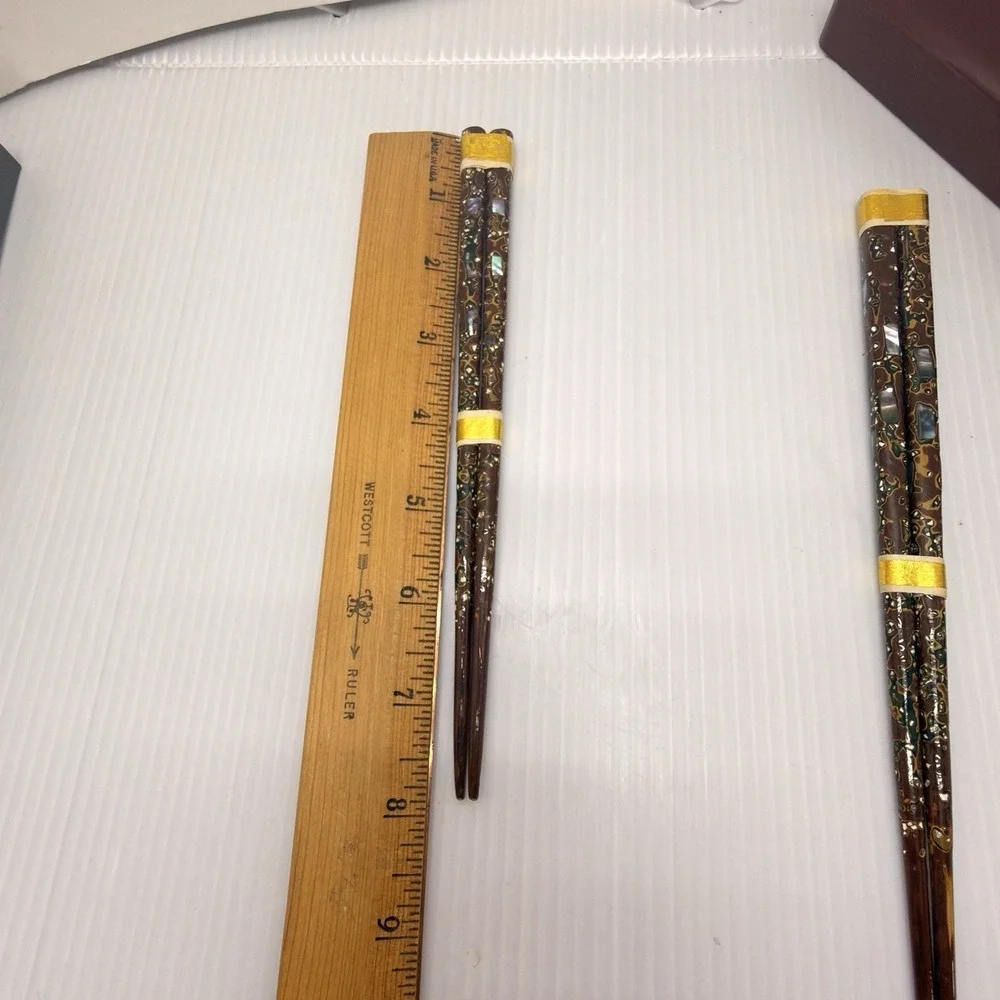 Vintage Japanese Lacquer Box Meoto Chopsticks Raden Inlay Postwar Gift Set